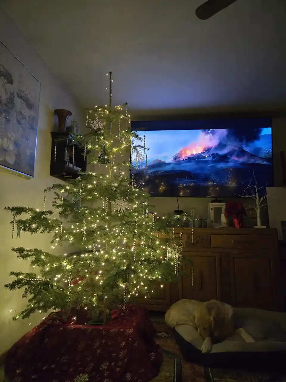 A cozy living room features a decorated Christmas tree with lights and snowflake ornaments, a sleeping golden retriever on a…