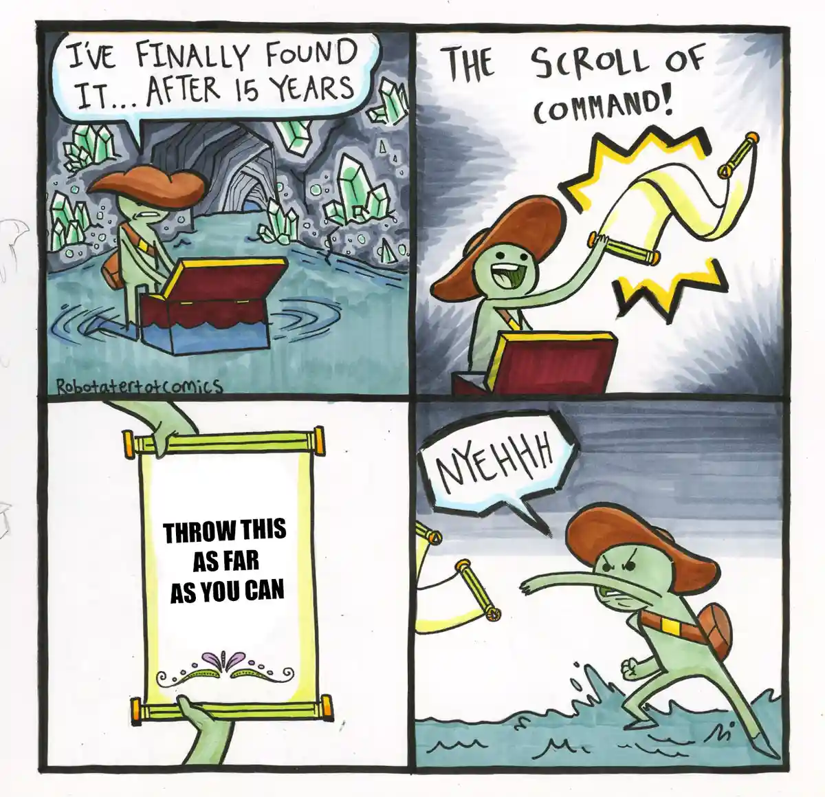 A four-panel comic strip shows a green-skinned explorer in a brown hat finding a treasure chest after 15 years, excitedly…
