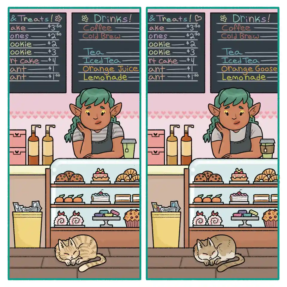 Two panels show a cat sleeping on the floor in front of a bakery counter. In the left panel, the menu lists 'Orange Juice'…