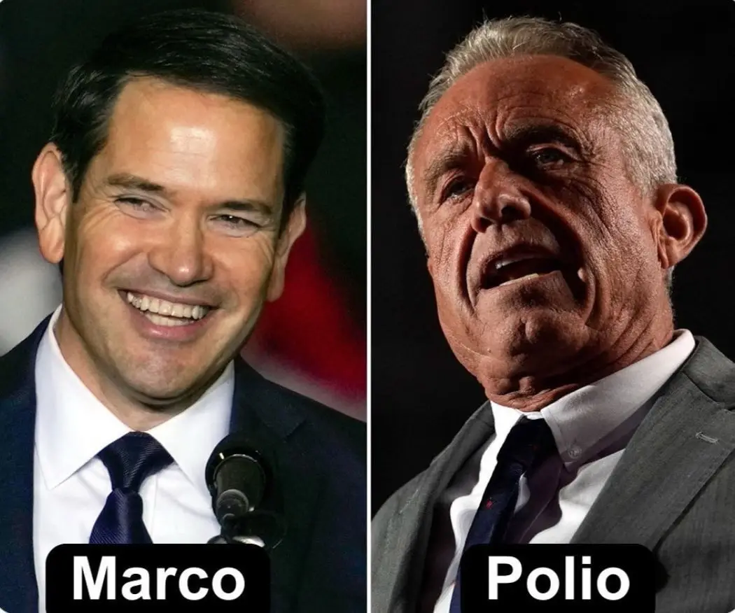 The image is a split-screen meme featuring two men in suits. The left side shows Marco Rubio smiling broadly, labeled…