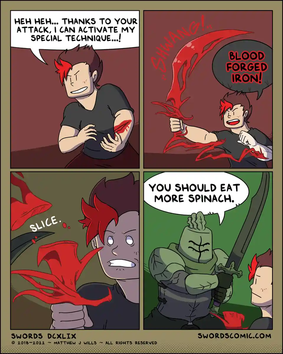 A four-panel comic shows a red-haired man with a bloody arm activating a 'Blood Forged Iron' sword technique, only to have…