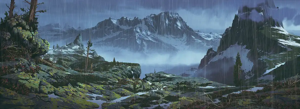 A dramatic, rainy mountain landscape with snow-capped peaks, rocky terrain, and sparse trees under a dark sky. Overlaid text…