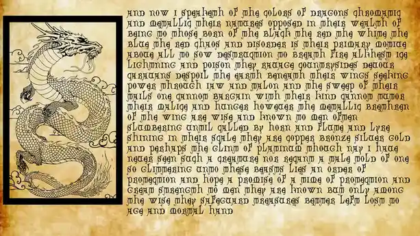 The image displays a black-and-white line drawing of a coiled, detailed dragon with scales and clouds, framed on the left…