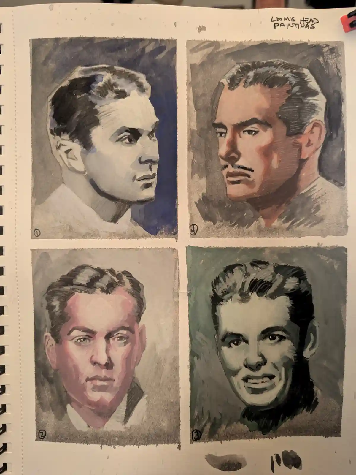 A sketchbook page displays four watercolor head studies of a man, each numbered ① to ④, showing variations in expression…