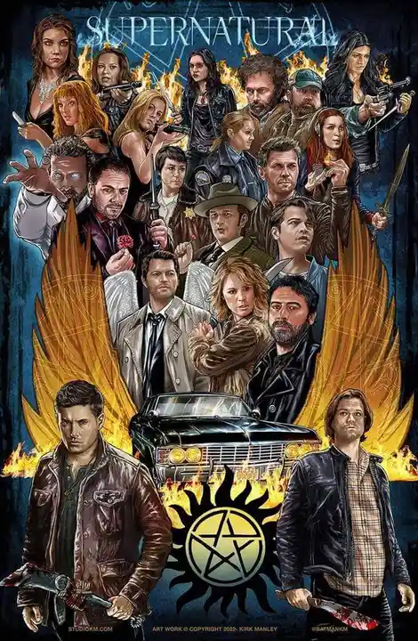 A fan-made illustration of the TV show 'Supernatural' featuring its main cast and recurring characters in a collage style…