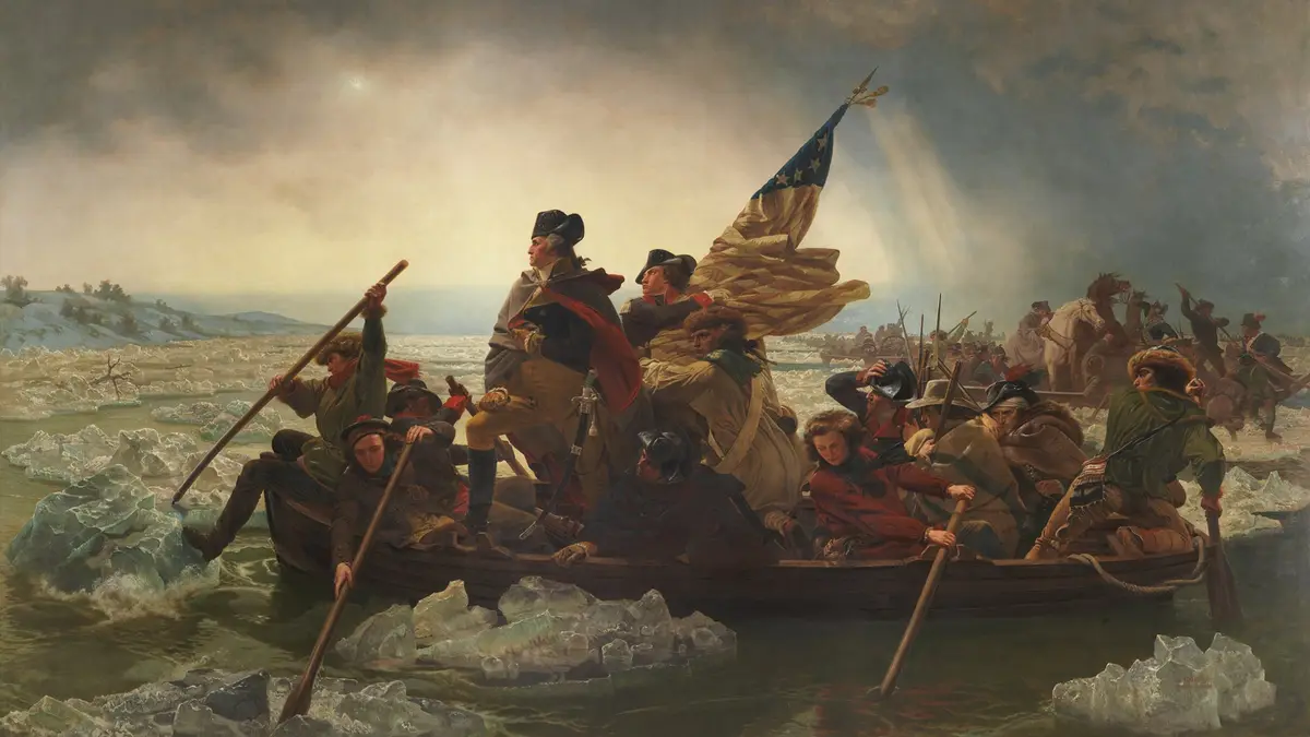 A historical painting depicts a group of colonial soldiers in a small boat navigating icy waters, with a flag flying and…