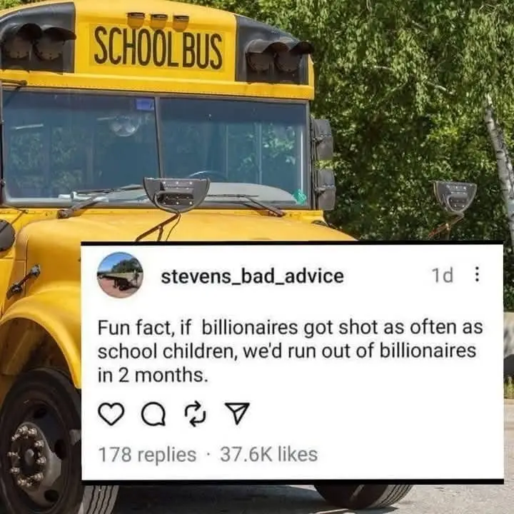 A yellow school bus is pictured with a screenshot of an Instagram post overlaid on it. The post, from user…