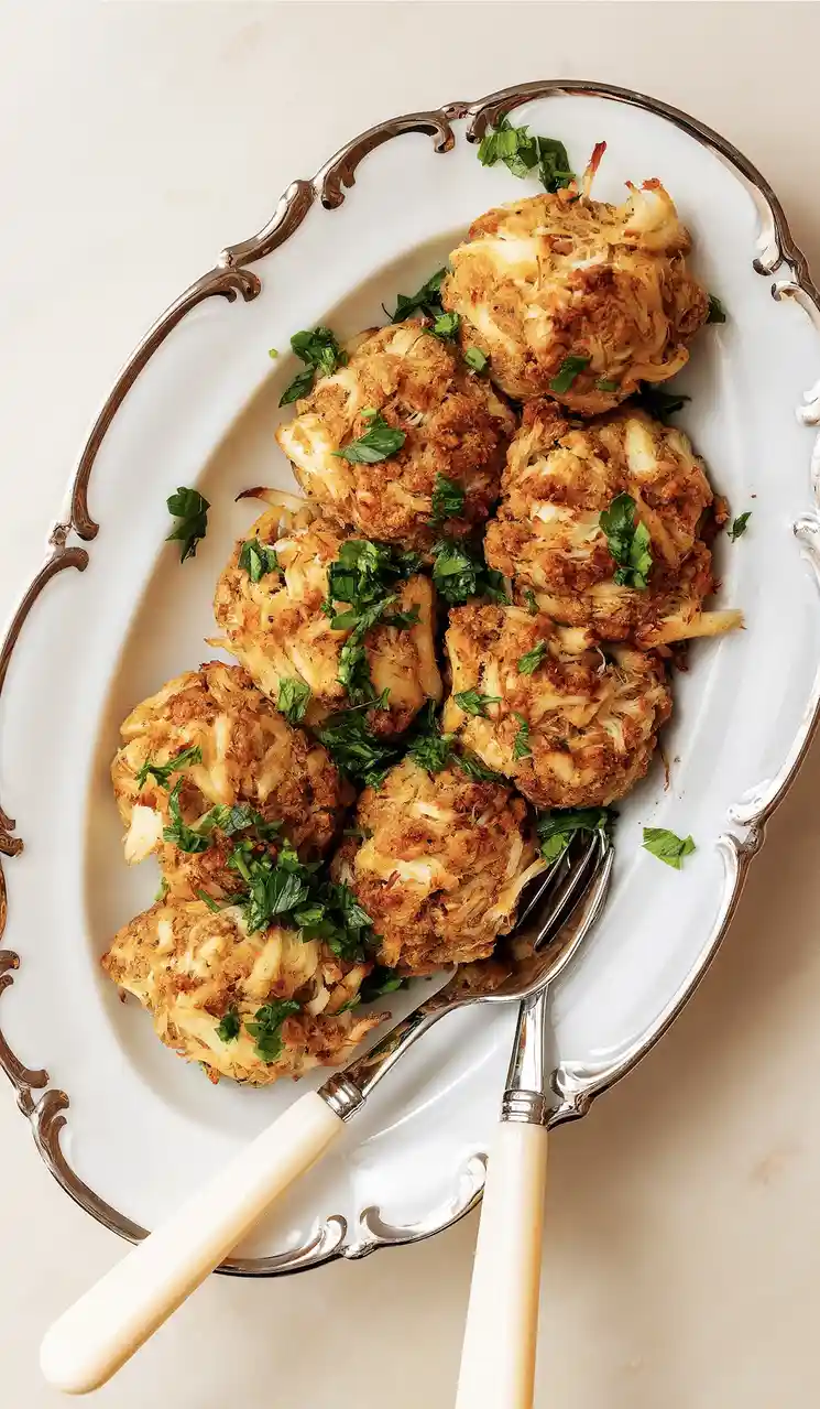 A white oval platter with ornate silver trim holds several golden-brown crab cakes garnished with chopped green herbs. A…