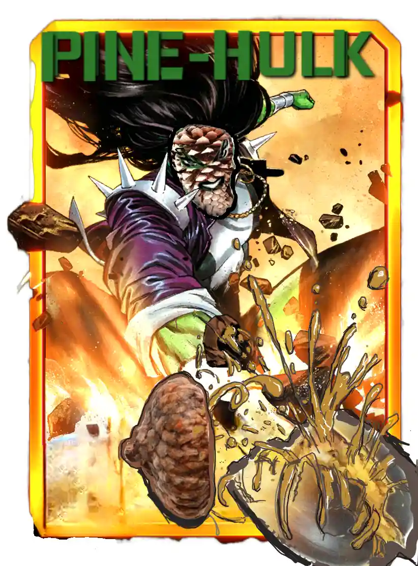 A comic book-style illustration depicts a muscular, green-skinned humanoid with a pinecone for a head, wearing a purple and…