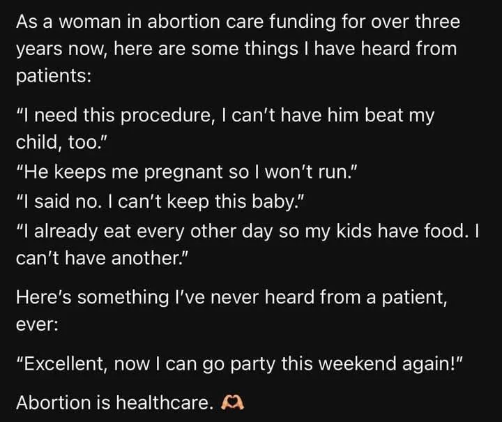 A black background with white text presents a woman's account of patient statements heard during her work in abortion care…