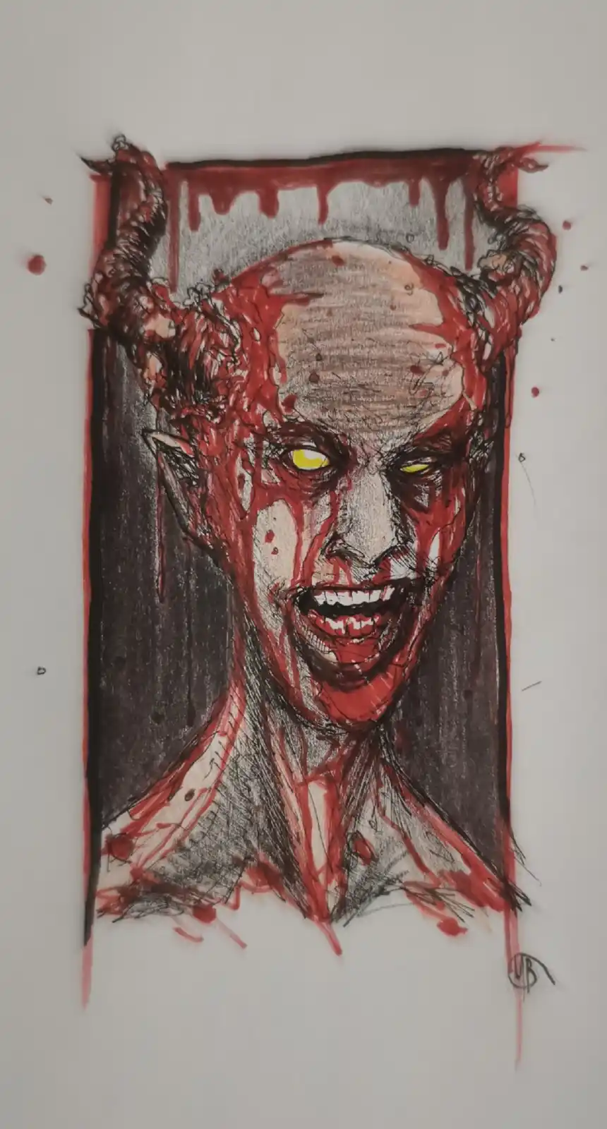 A hand-drawn illustration depicts a demonic figure with horns, yellow eyes, and blood splatters covering its face and body…