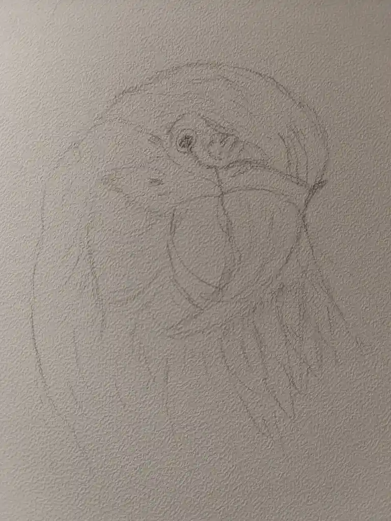 A rough pencil sketch on textured paper shows a crude, unfinished drawing of a bird's head and upper body, with visible…