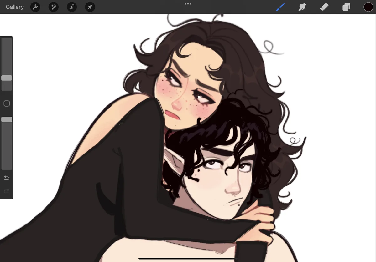 An anime-style digital drawing shows a woman with dark curly hair and freckles hugging a man from behind, both looking sad…
