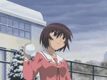 A six-panel anime sequence shows a girl in a red school uniform preparing to throw a snowball, then launching it with force…