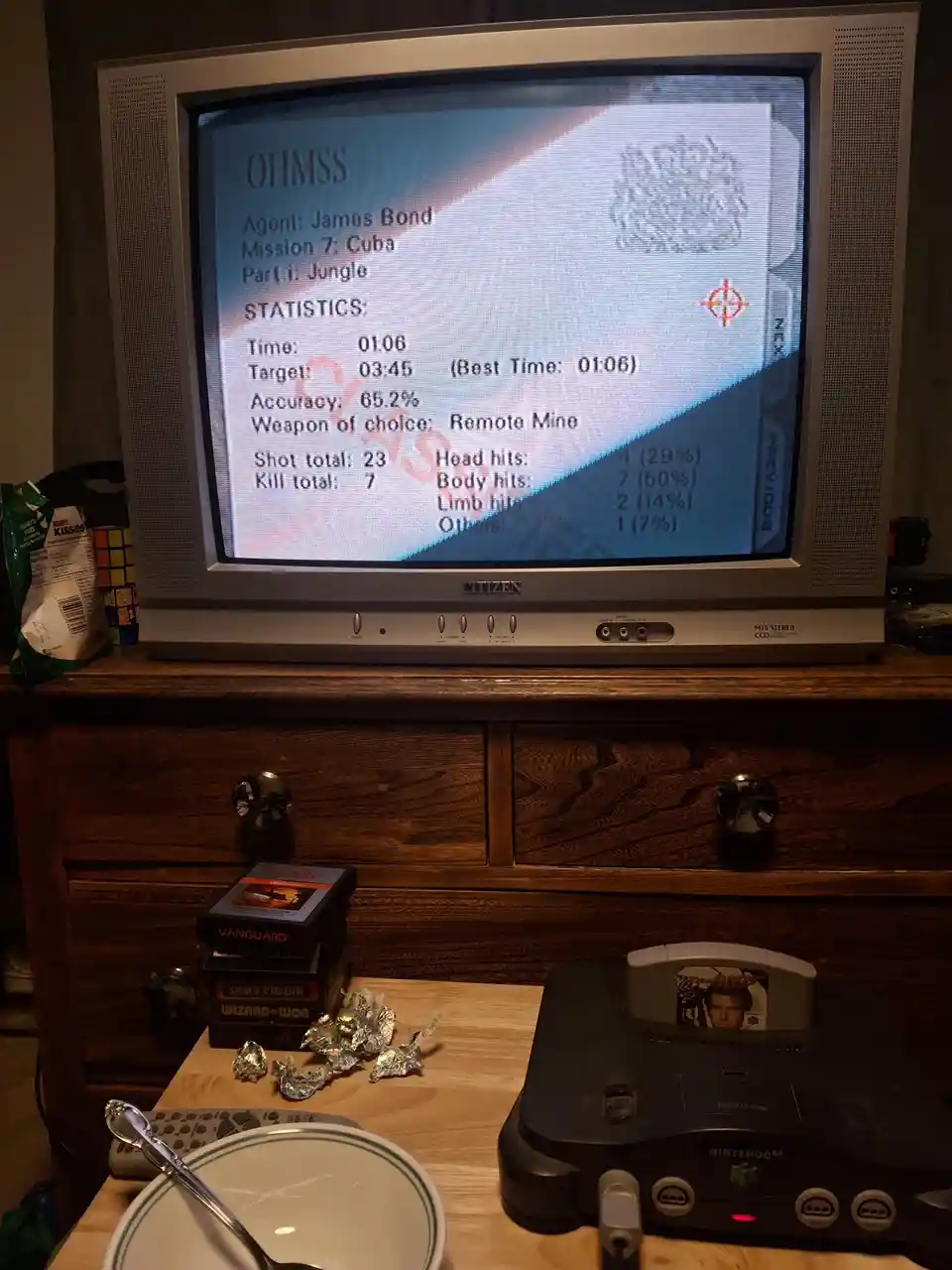 A Nintendo 64 console with the '007: Ohmss' game cartridge inserted sits on a wooden table next to a plate with a spoon and…
