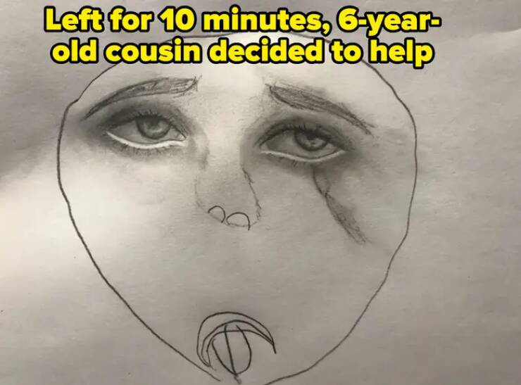 A pencil sketch of a child's face with exaggerated, tear-filled eyes and a distressed expression, showing a single tear…