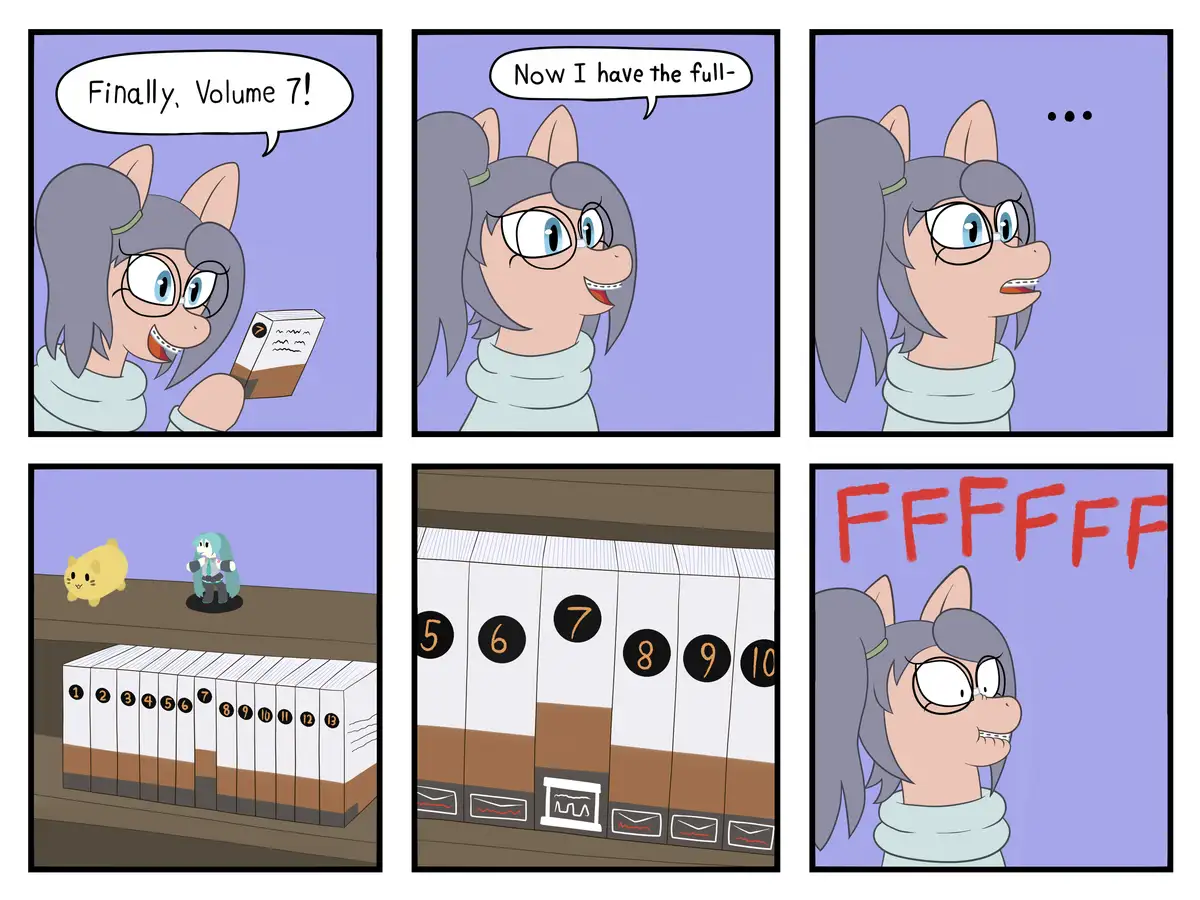 A six-panel comic strip shows a grey-haired, glasses-wearing anthropomorphic character excitedly acquiring Volume 7 of a…