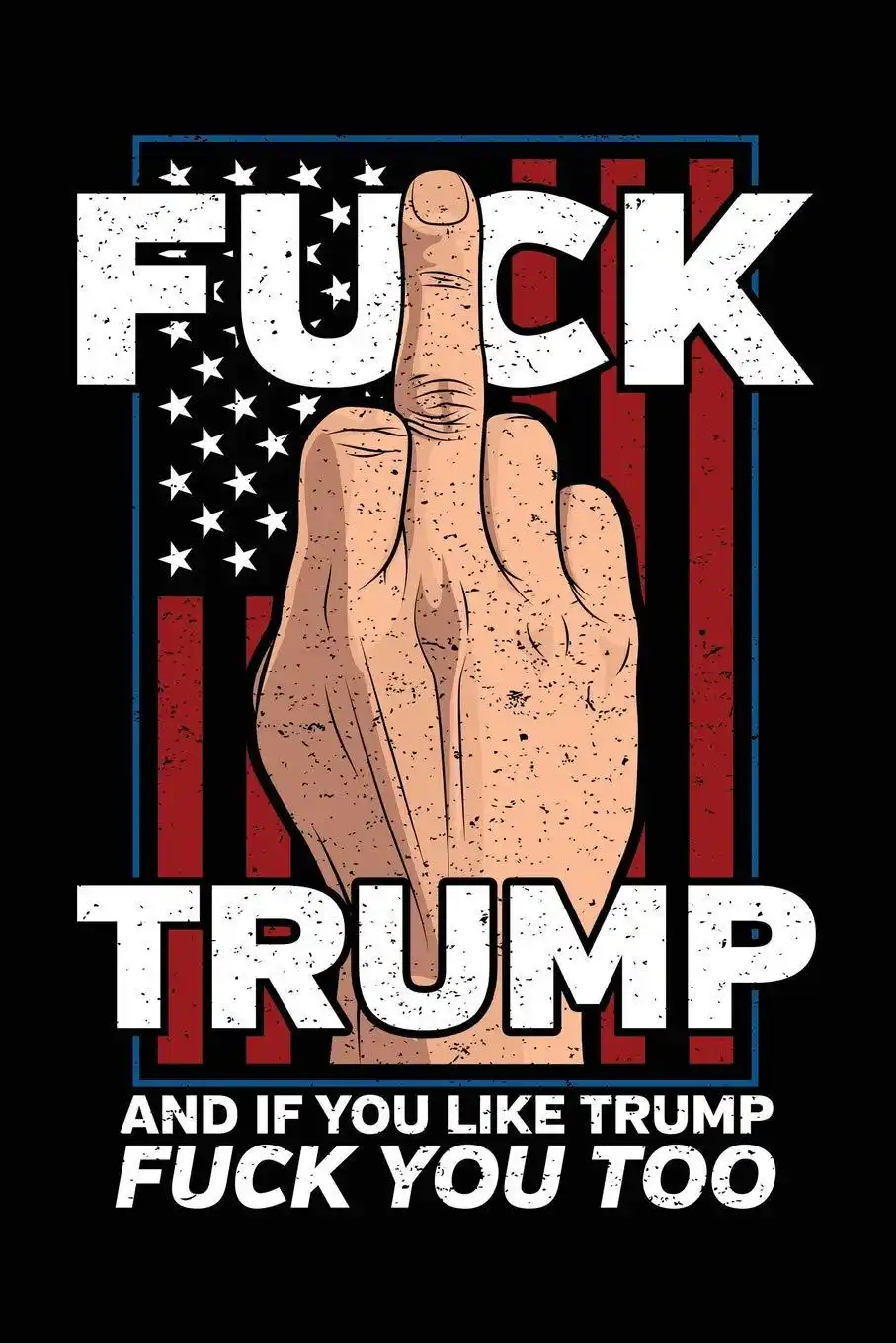 A graphic image features a hand giving the middle finger, centered over a stylized American flag background with stars and…