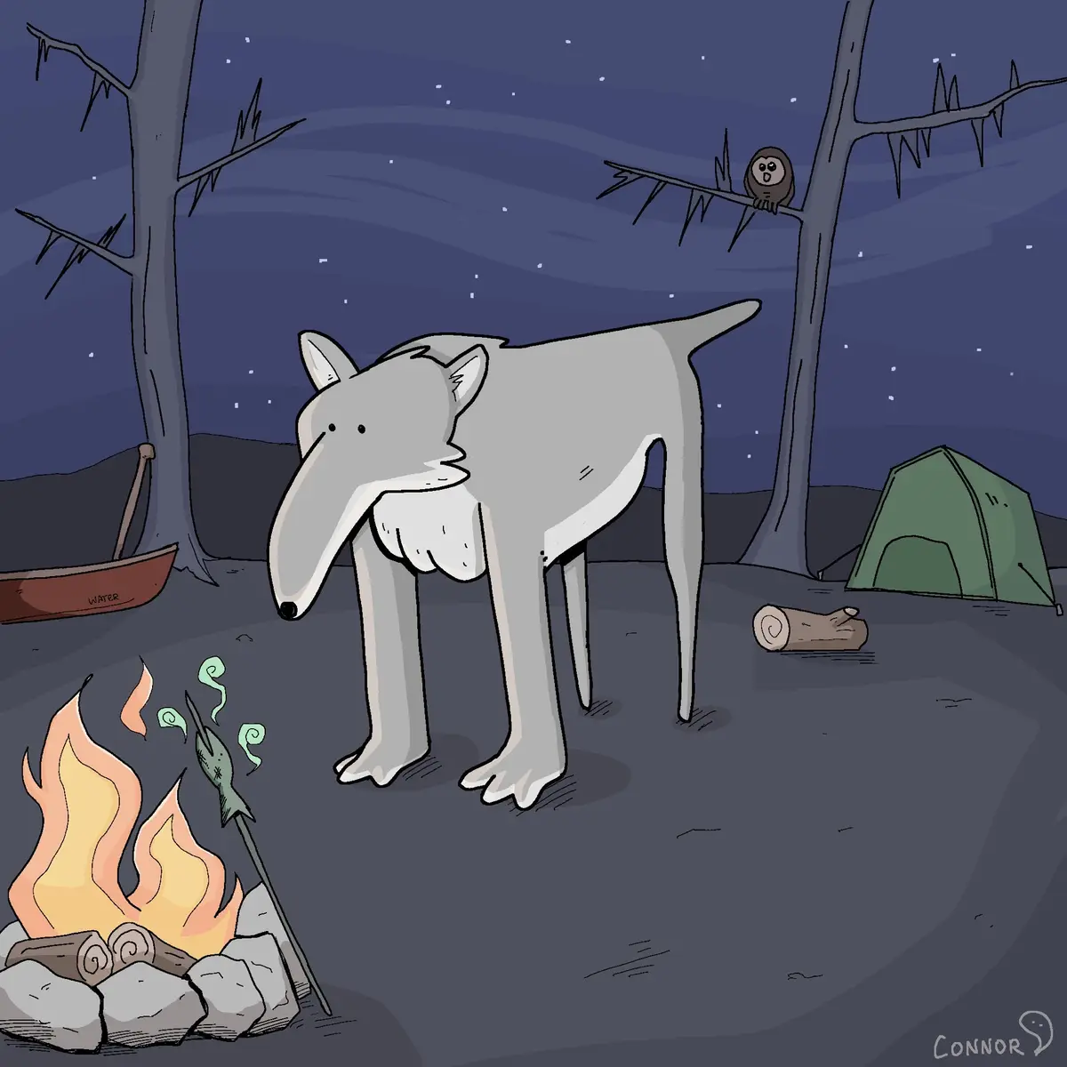 A cartoon wolf stands at a campfire roasting a fish on a stick, with a tent, canoe, and owl in the background under a starry…