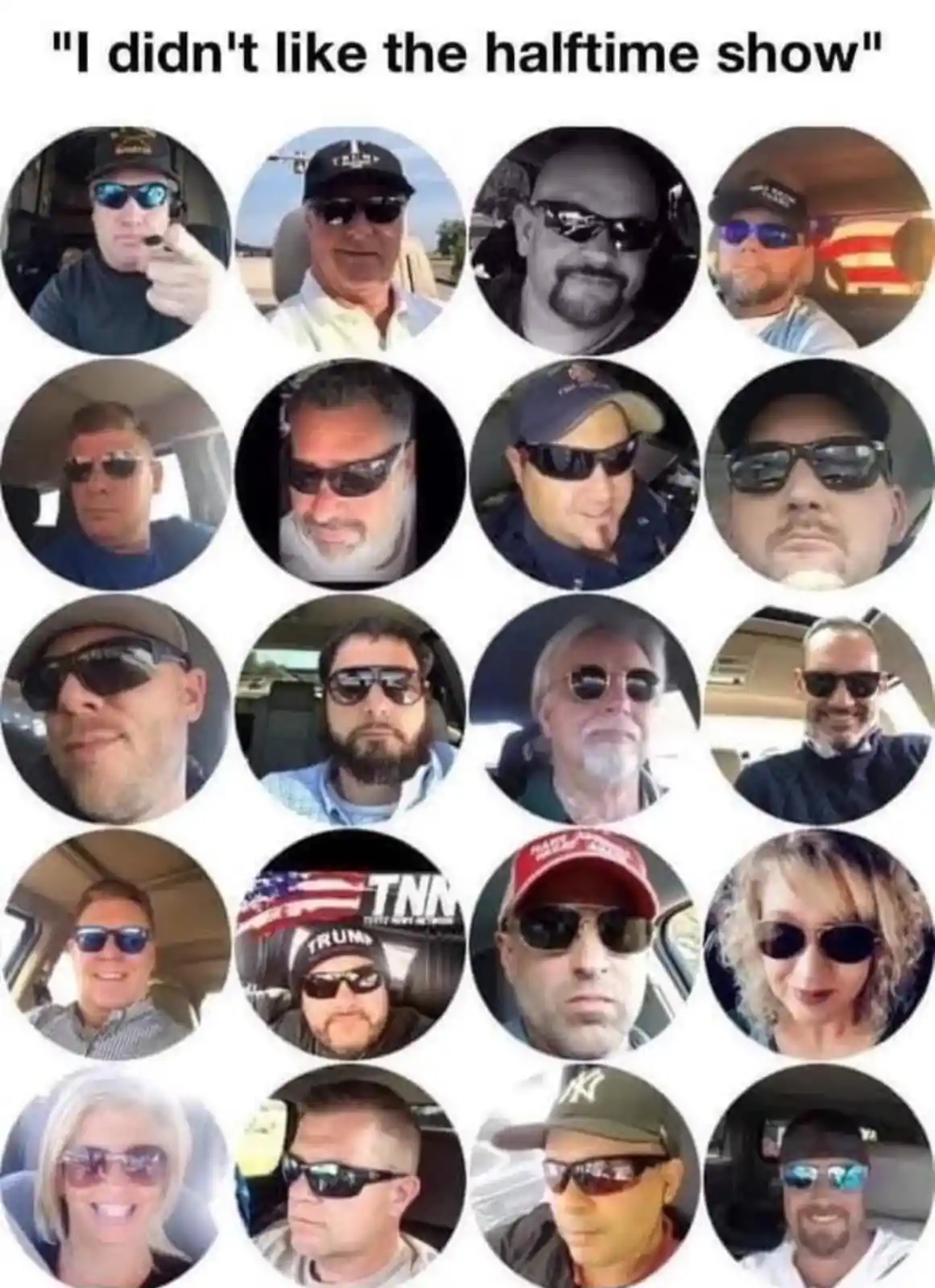 The image displays a grid of 16 circular headshots of various people, mostly men but including a few women, many wearing…