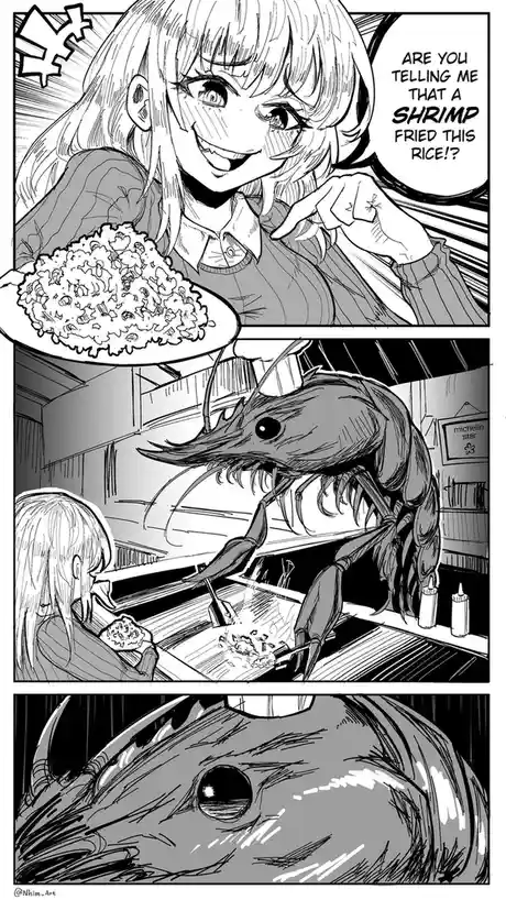 A three-panel black-and-white manga-style comic. In the top panel, a smiling anime girl holds a plate of fried rice and…