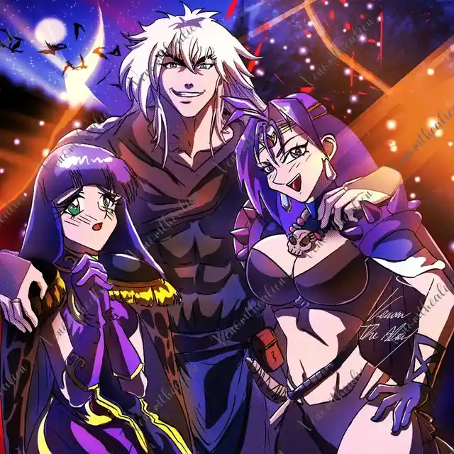 An anime-style illustration shows three characters: a tall man with white hair and a dark cloak standing between two women…