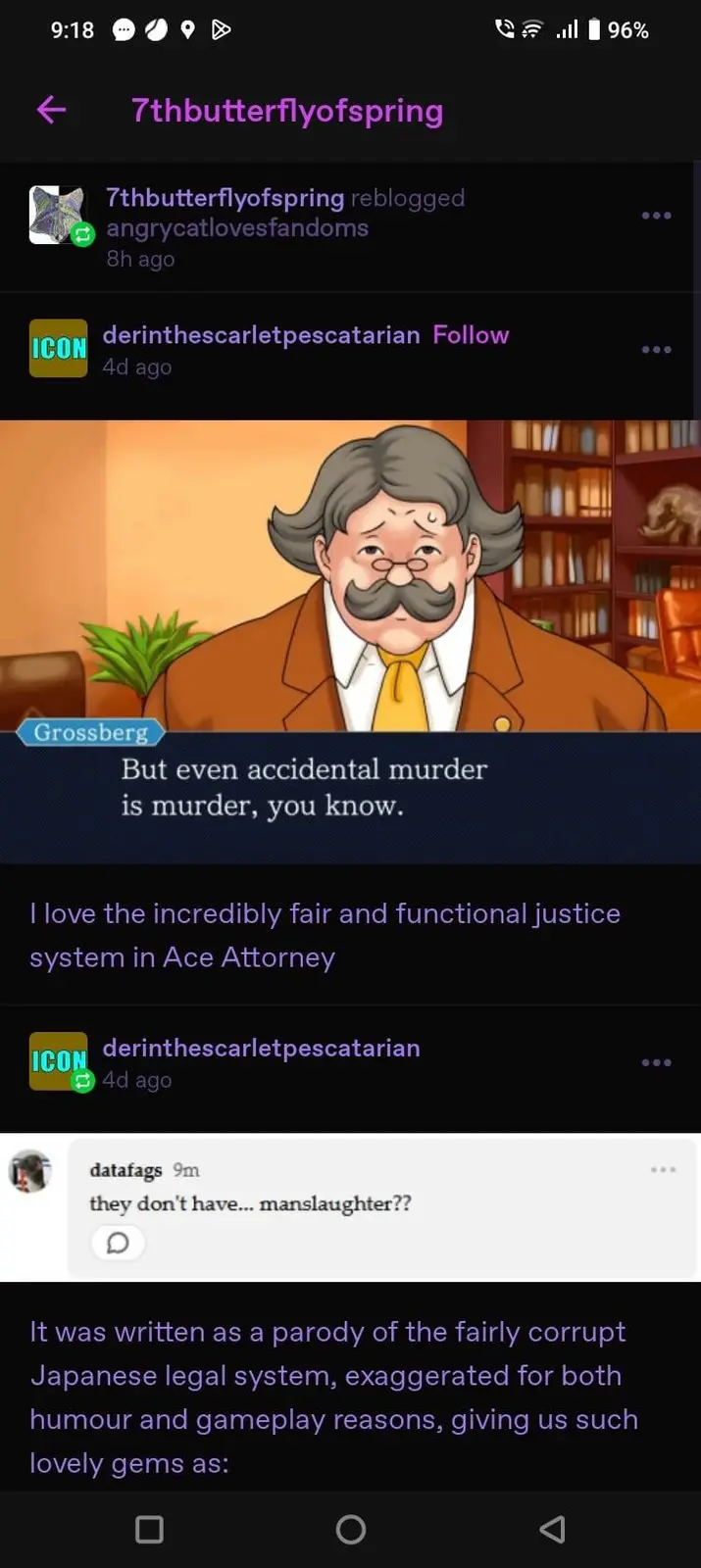 An image from the game Ace Attorney shows a character named Grossberg in a library setting, looking concerned. He is…