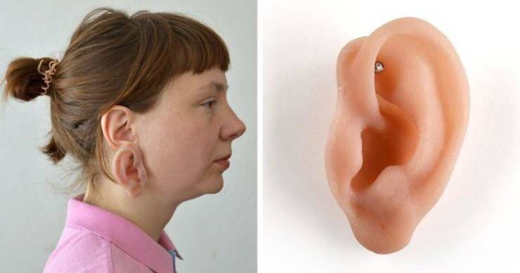 The image is split: on the left, a woman in profile wearing a large hoop earring; on the right, a close-up of a realistic…
