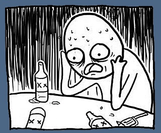 A black-and-white cartoon depicts a bald, sweating, wide-eyed person slumped at a table surrounded by empty bottles and pill…