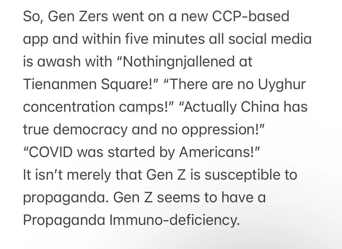 The image is a plain white background with black text that reads a satirical commentary on Gen Z's susceptibility to Chinese…