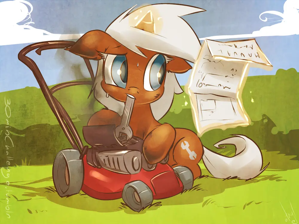 A cartoon pony with a white hat and wrench in mouth sits on a red lawnmower, holding a crumpled blueprint labeled 'HAUNT'…