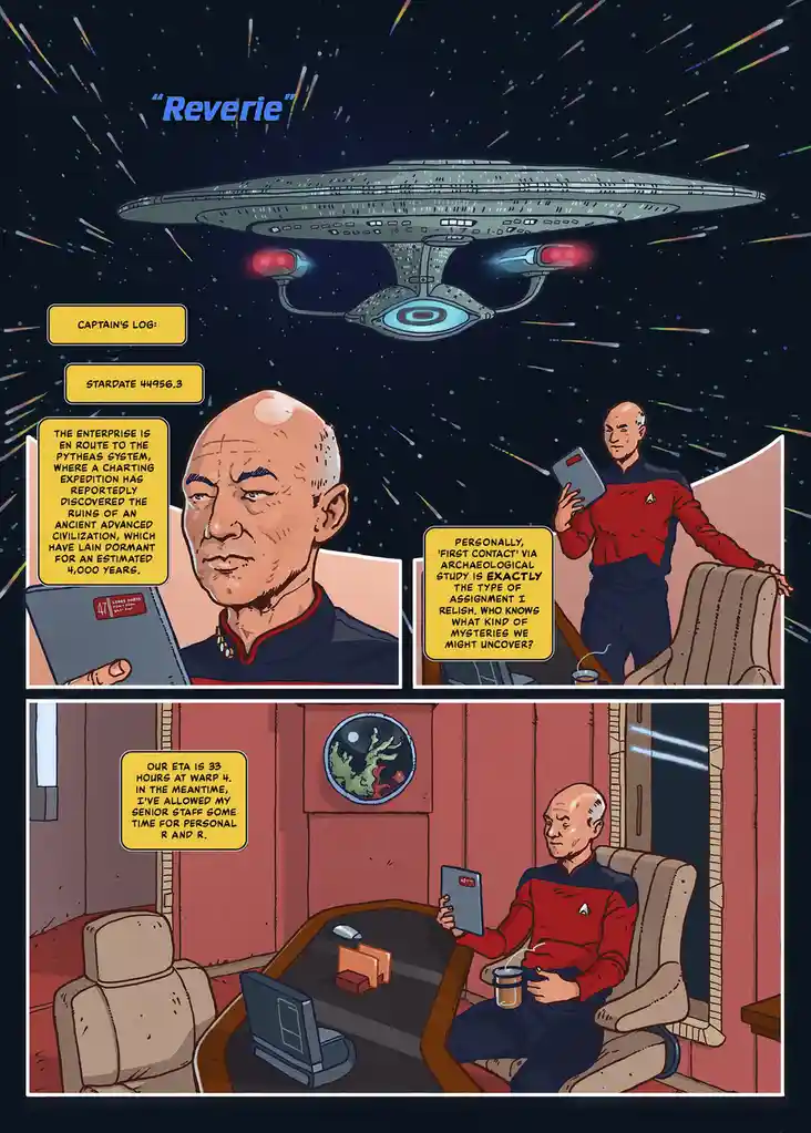A Star Trek comic panel shows Captain Picard in his ready room, reading a log entry about an archaeological mission to the…