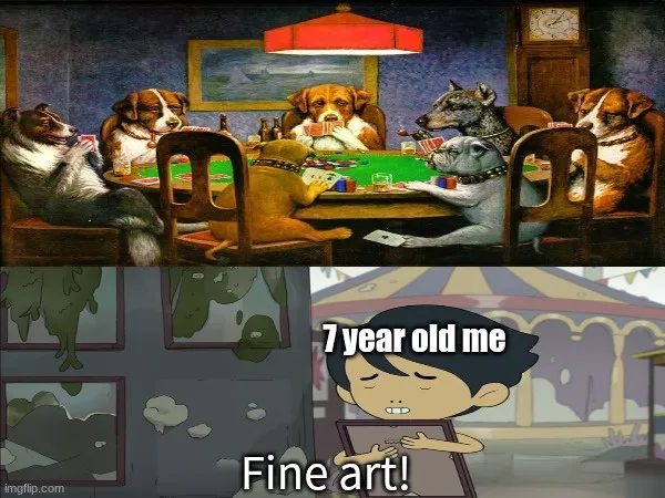 The top panel shows a parody of 'The Last Supper' with dogs as the apostles gathered around a poker table. The bottom panel…