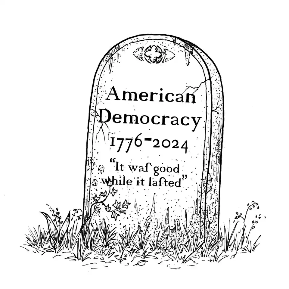 A black-and-white line drawing of a weathered, cracked tombstone with ivy at its base, inscribed with 'American Democracy…