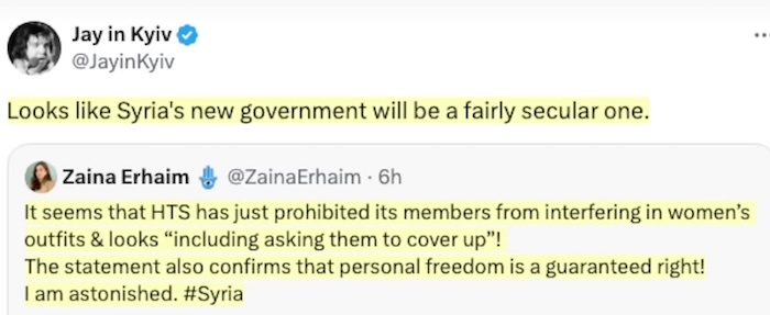 A screenshot of two Twitter replies. The first, from Jay in Kyiv, says 'Looks like Syria's new government will be a fairly…