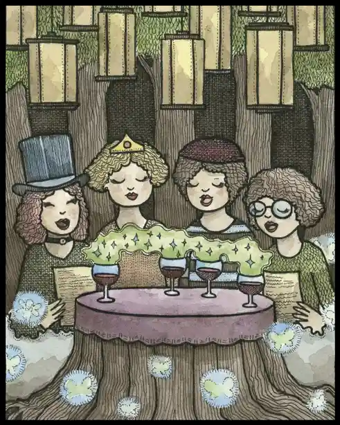 Four illustrated women with curly hair and distinct headwear are seated around a round table made from a tree stump, singing…