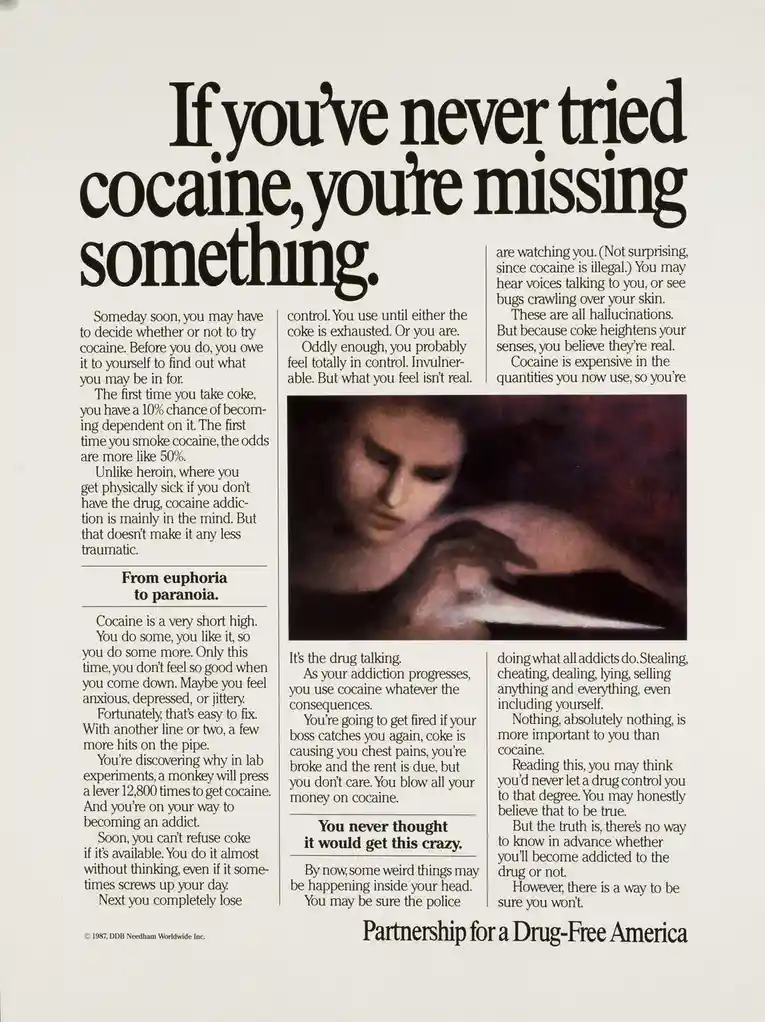 A vintage 1987 anti-drug public service announcement from 'Partnership for a Drug-Free America' warns readers about the…