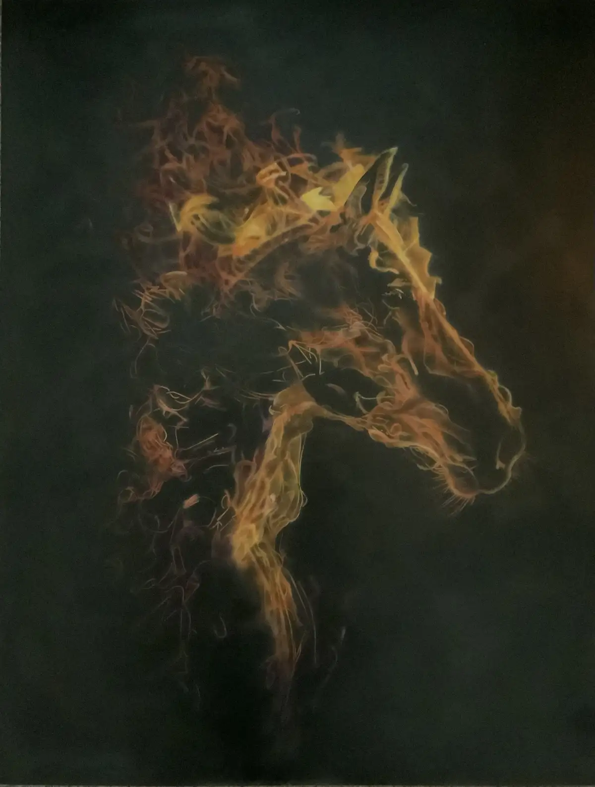 A dark, atmospheric image shows the silhouette of a horse's head and neck formed entirely from swirling orange and yellow…