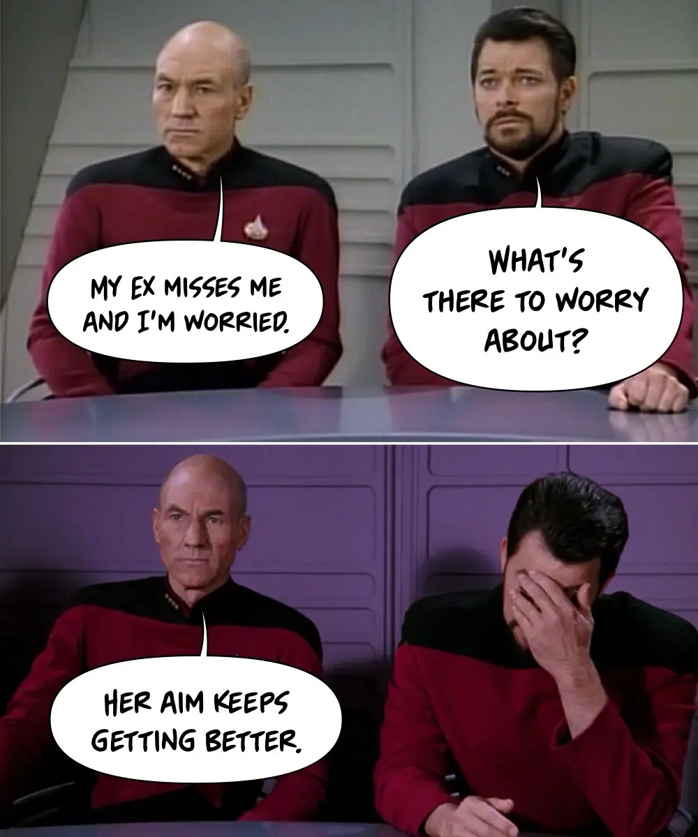 Two men in Starfleet uniforms sit at a table. The top panel shows one man saying 'MY EX MISSES ME AND I'M WORRIED.' while…