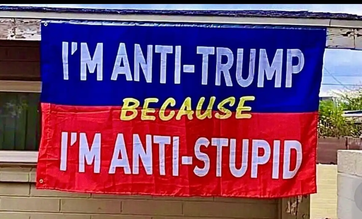 A blue and red banner hangs on a house, displaying the text 'I'M ANTI-TRUMP' in white on the blue top half, 'BECAUSE' in…