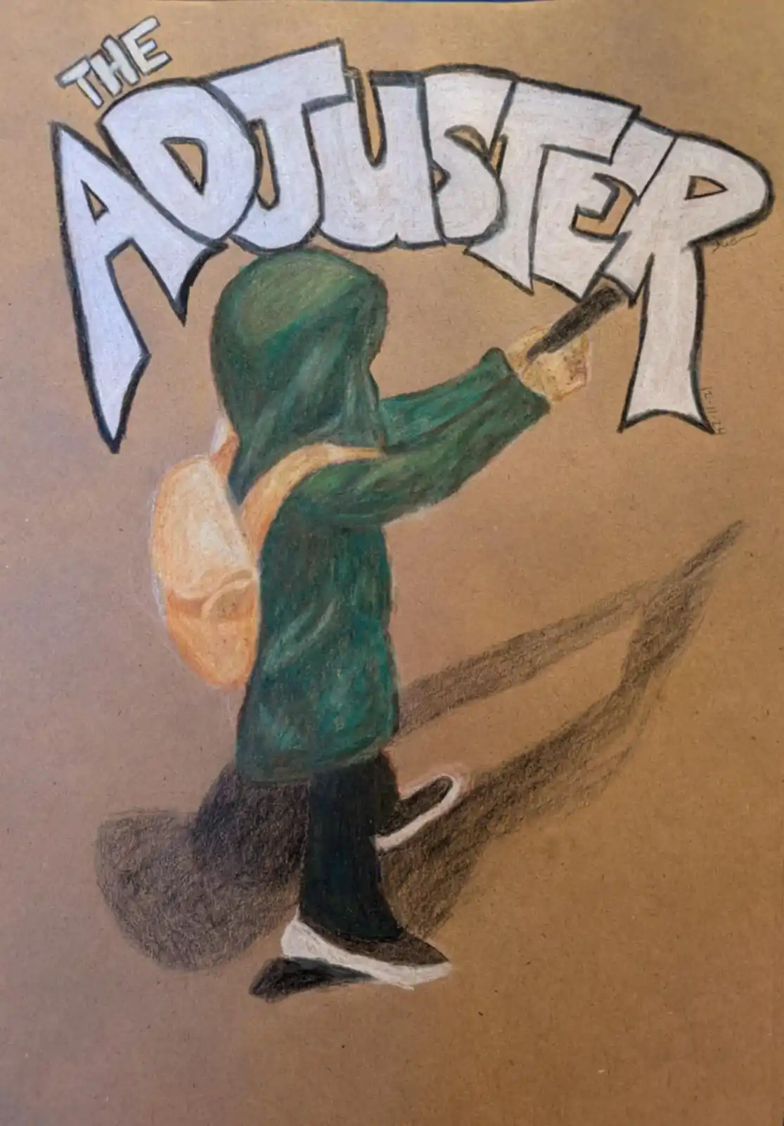 A hand-drawn illustration shows a person in a green hoodie and backpack, holding a marker and writing the words 'THE…