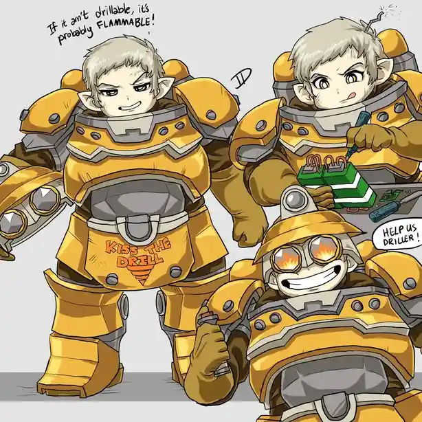 Three cartoonish, elf-like characters in yellow and grey mining armor. One stands confidently with a drill, another looks…