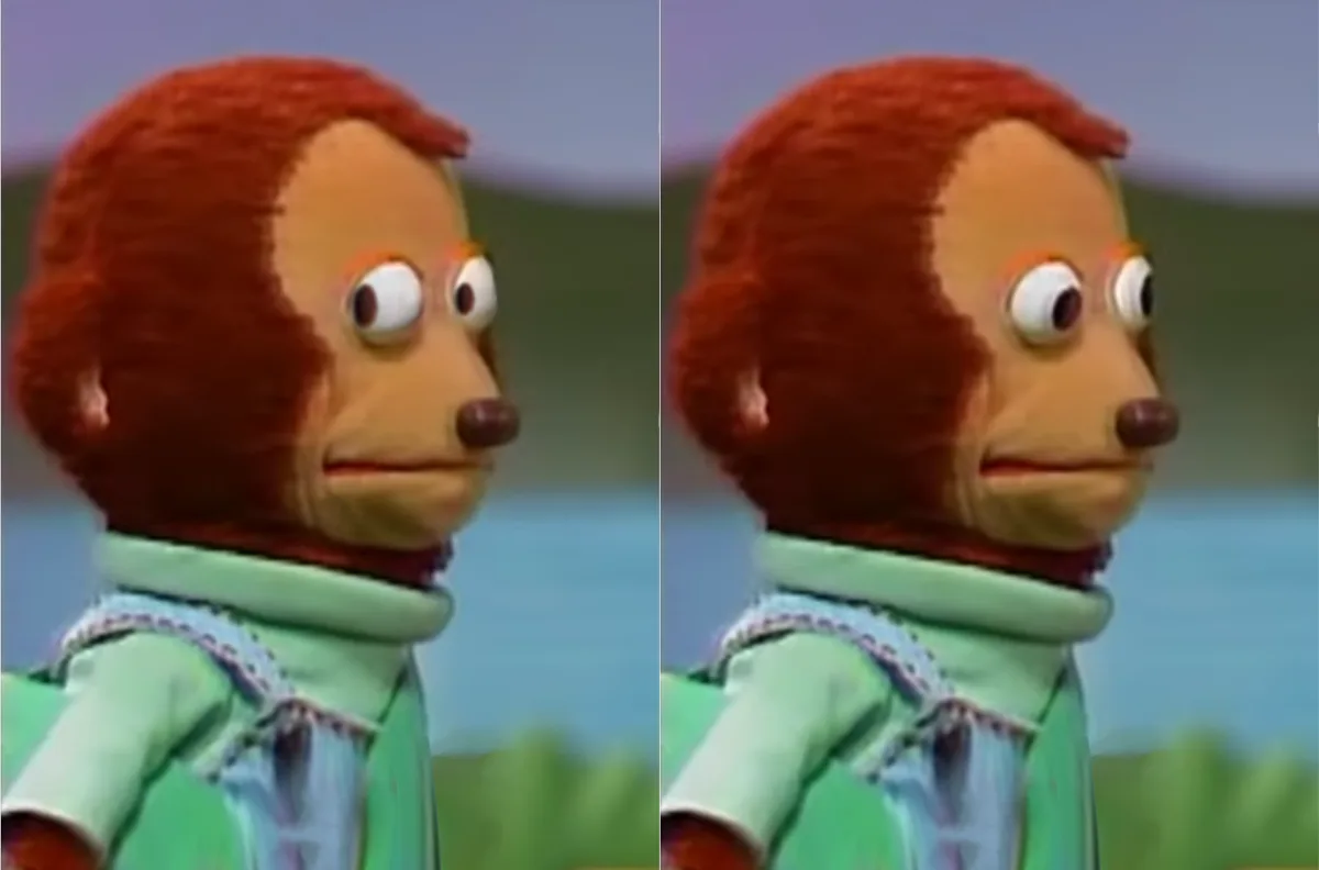 The image shows a split-screen of a puppet monkey with red fur, large eyes, and a green shirt, looking slightly to the side…