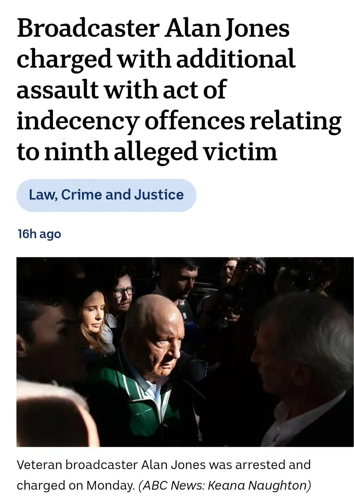 A news article screenshot shows a headline about broadcaster Alan Jones being charged with additional assault and indecency…