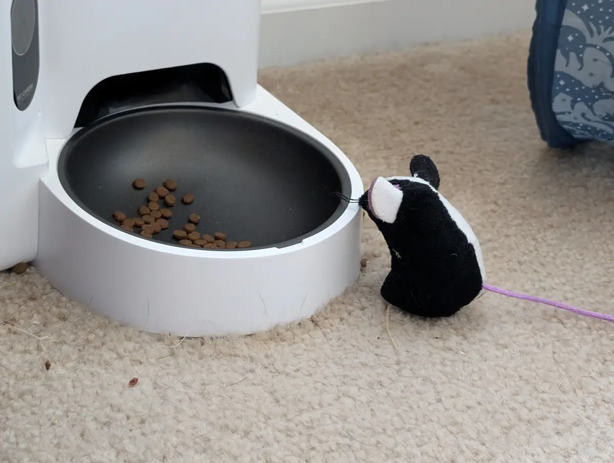 A plush black-and-white mouse toy with a purple tail is positioned next to a white automated pet feeder with a black bowl…