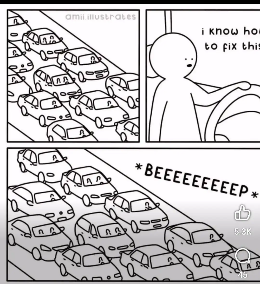 A black-and-white comic strip shows a traffic jam with cars in multiple lanes. A driver in the right panel thinks, 'i know…