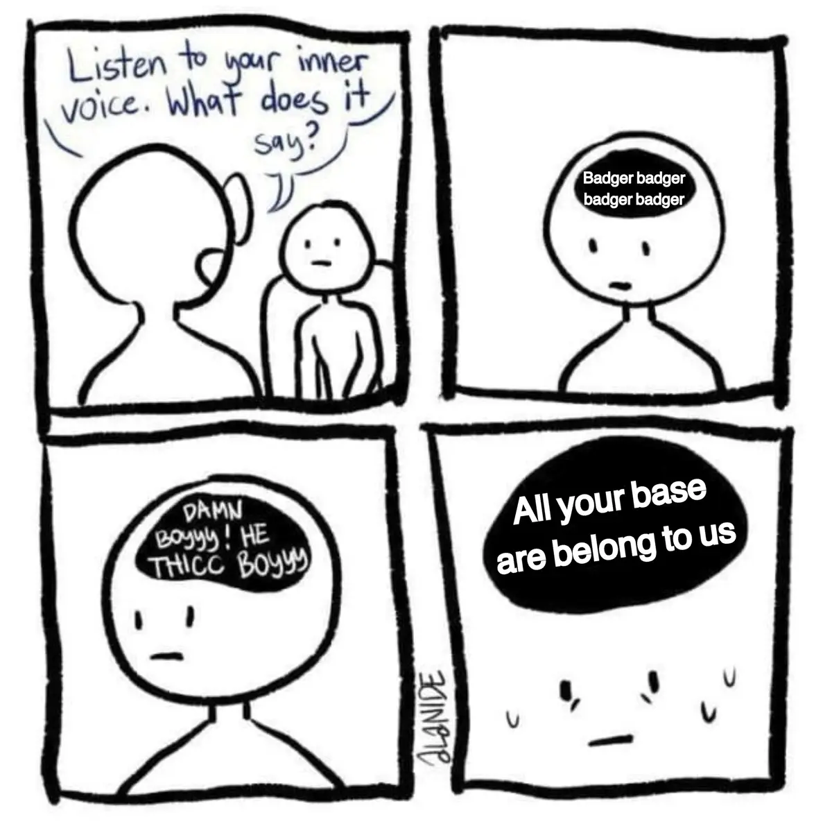 A four-panel comic shows a person being asked to listen to their inner voice, which first says 'Badger badger badger badger…