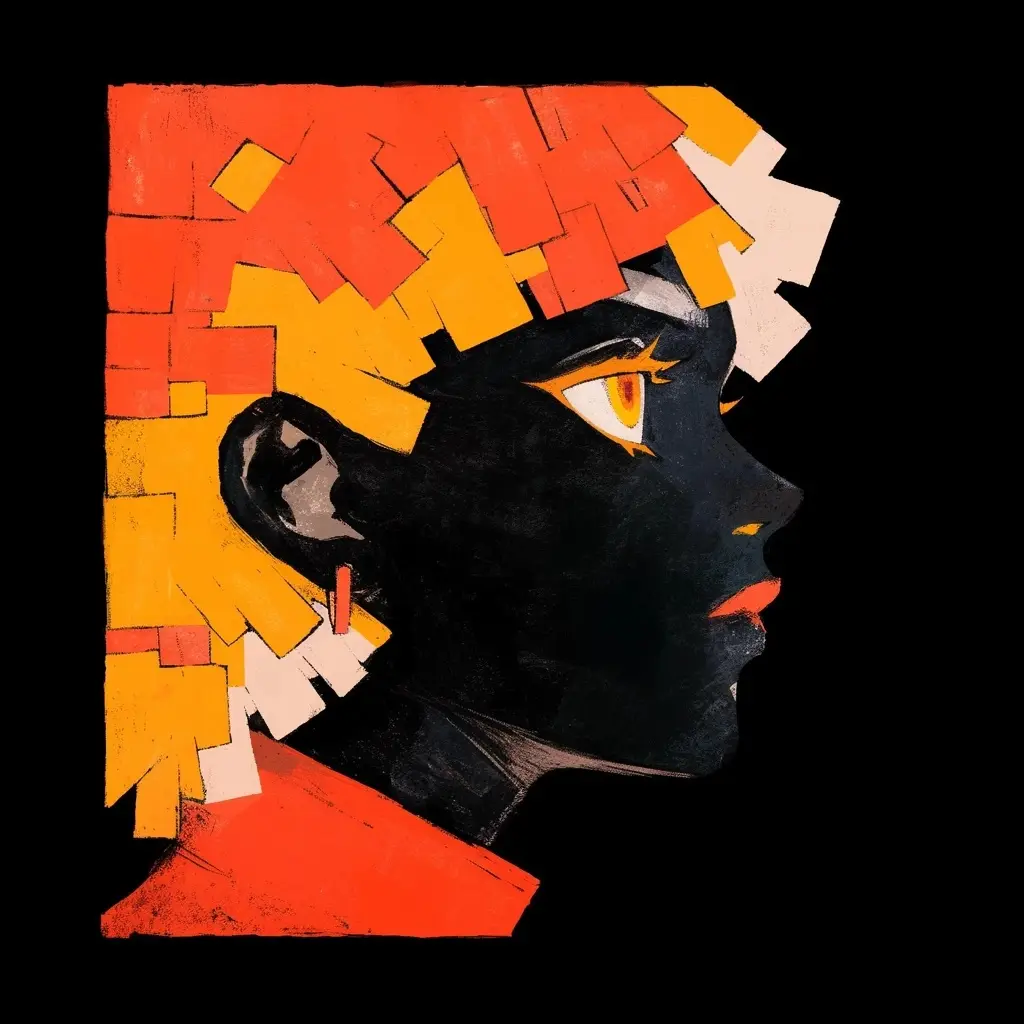 A stylized profile portrait of a person with dark skin, shown in side view against a black background. Their hair and…