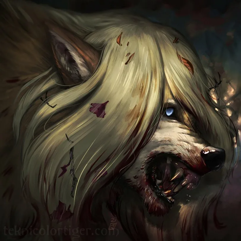 A digitally painted close-up of a wolf with long, flowing blonde hair, bloodied mouth, and a single glowing blue eye, with…