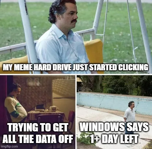 The image is a three-panel meme featuring the character from 'Narcos' in different scenarios. Top panel: He sits calmly on a…